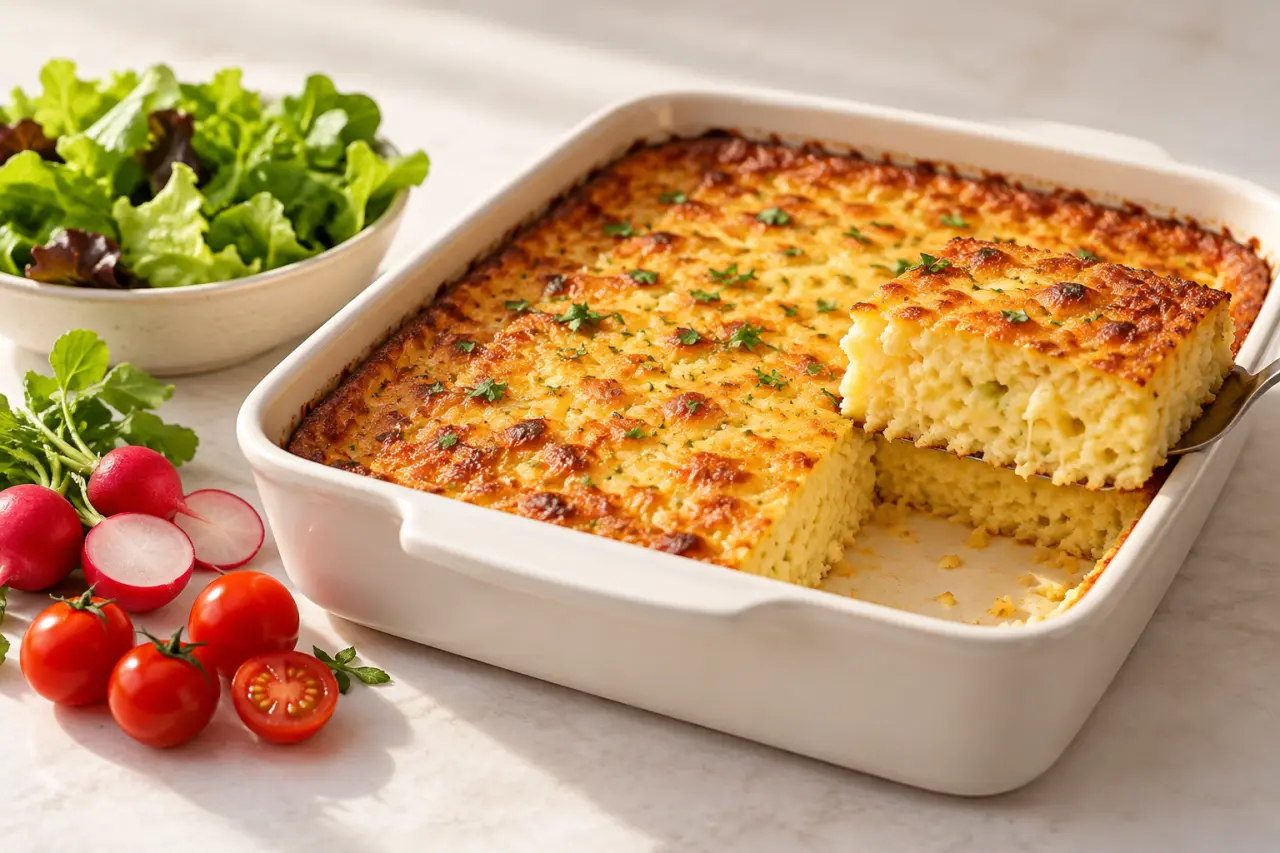 Semoule fine recette salée : gâteau salé au fromage servi avec une salade