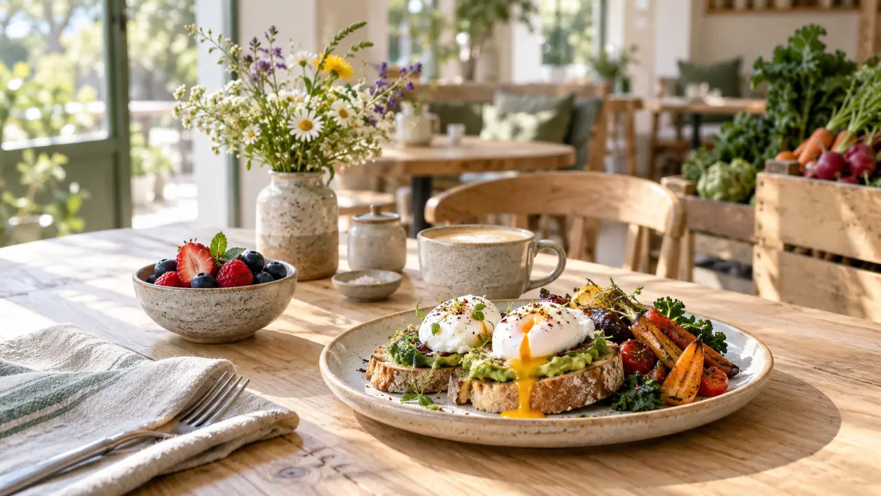 Table de brunch chaleureuse dressée avec des produits locaux et une lumière naturelle