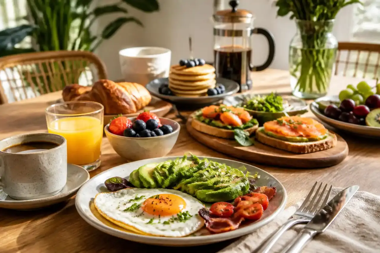 Table de brunch maison chaleureuse avec boissons chaudes et assiettes gourmandes
