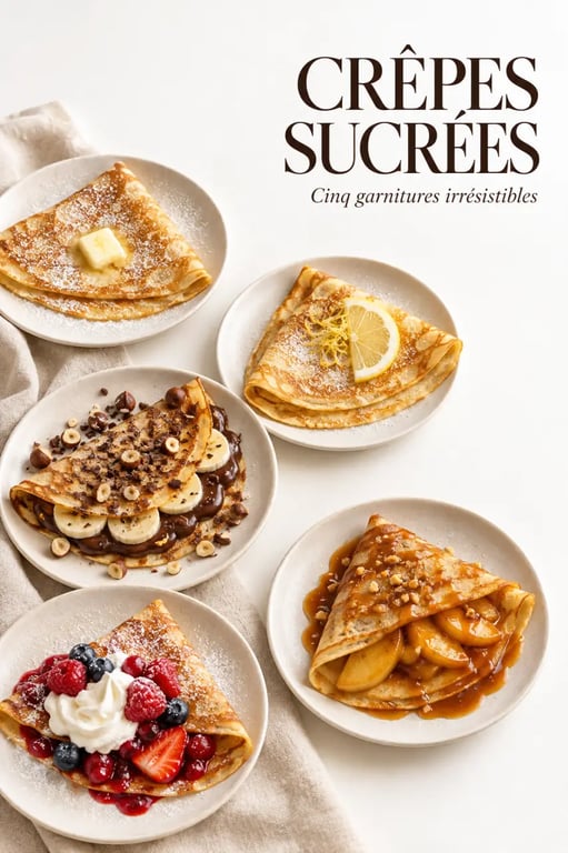 Idées de garniture crepes sucrées avec chocolat, fruits, caramel et fruits rouges