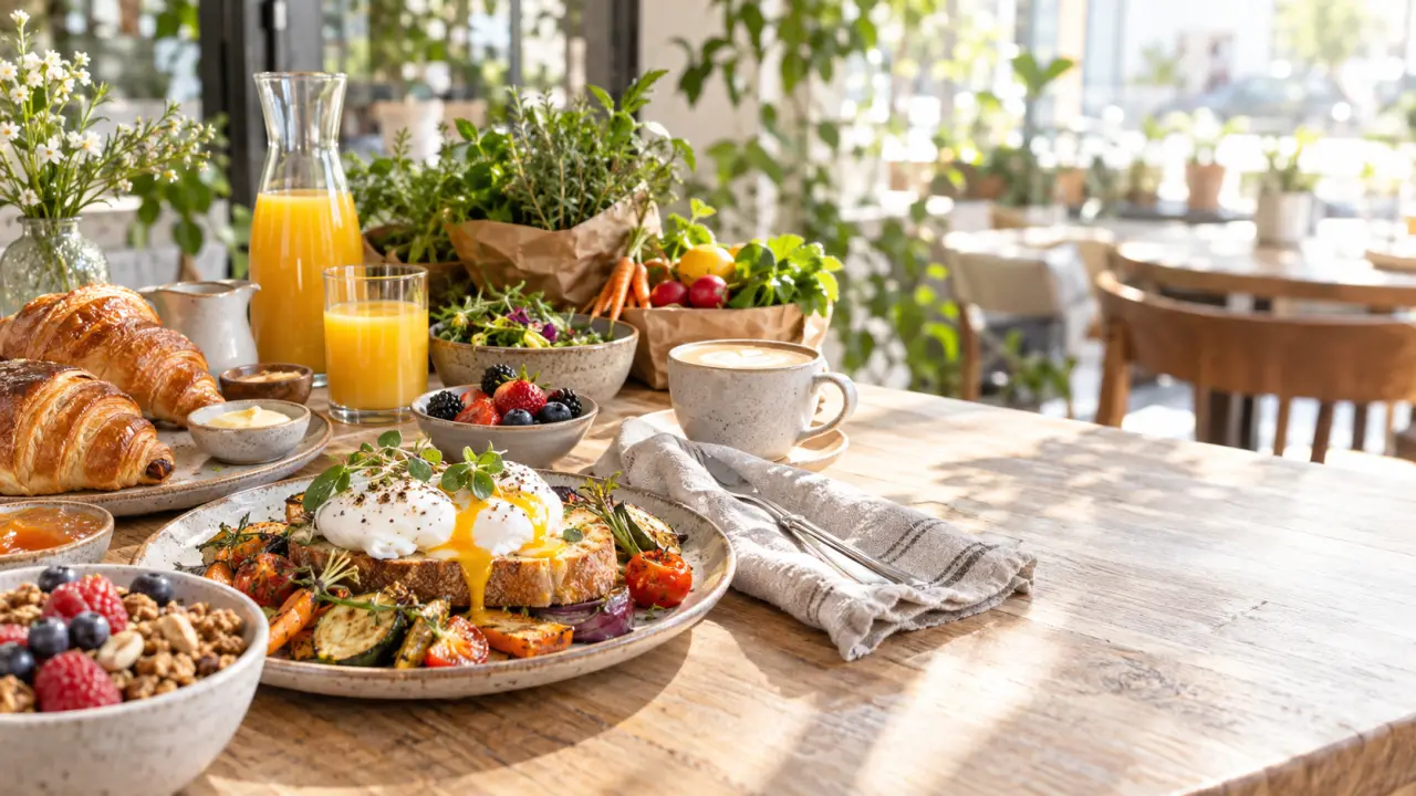 Table de brunch avec produits locaux, pain au levain, œufs frais et fruits de saison