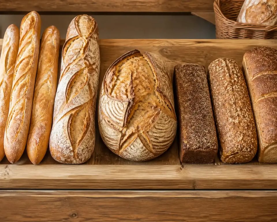Étal de boulangerie avec différents pains : baguette, tradition, campagne, seigle, complet