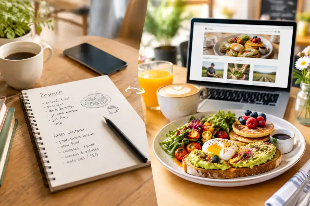 Menu de brunch présenté sur une table chaleureuse avec des produits frais