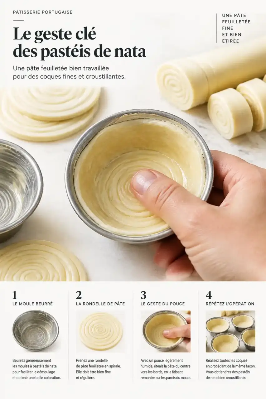 Façonnage de la pâte feuilletée dans le moule pour une recette de pasteis de natas croustillants