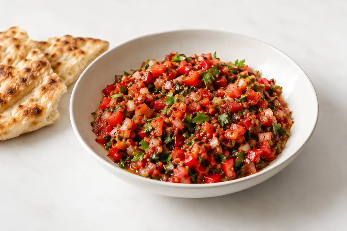 Recette d’ezme turc servi avec du pain plat