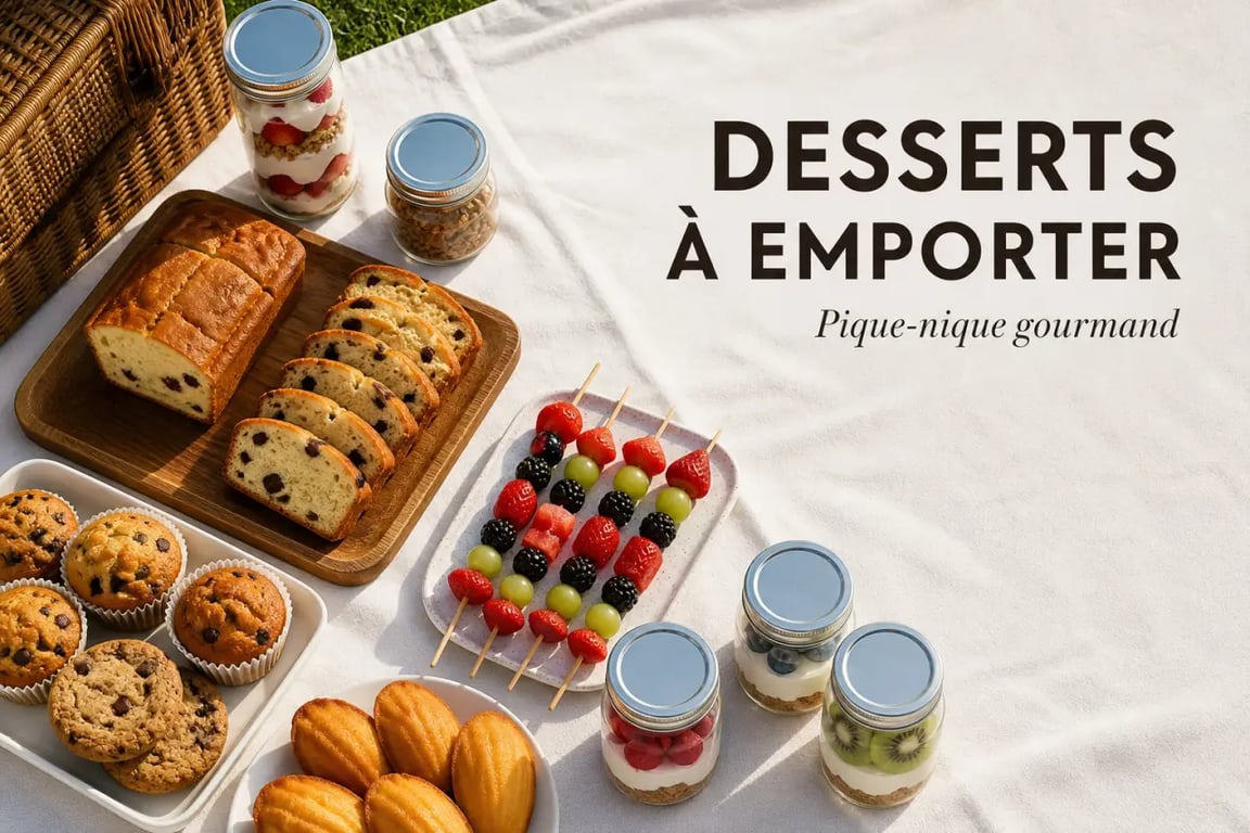 Dessert pic nic sur une nappe de parc avec cakes, muffins, cookies et fruits à emporter