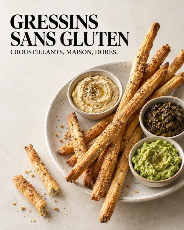 Gressins sans gluten maison dorés servis avec des tartinades