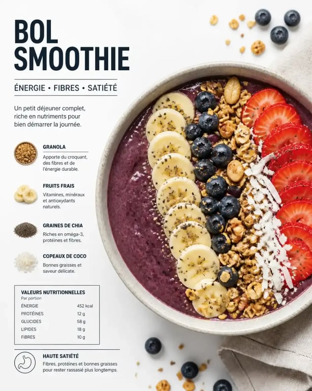 Smoothie pour le petit déjeuner en bowl avec granola et fruits