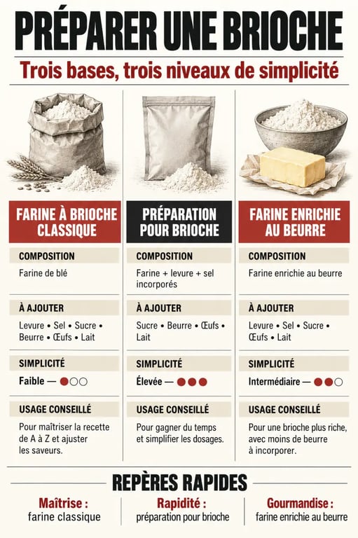 Infographie comparative des différents types de farine à brioche et des ingrédients à ajouter