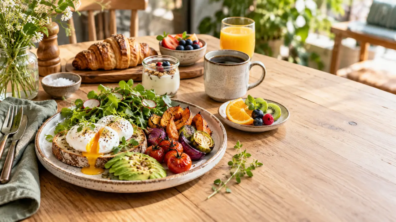 Assiette de brunch maison composée de produits de saison sur une table en bois