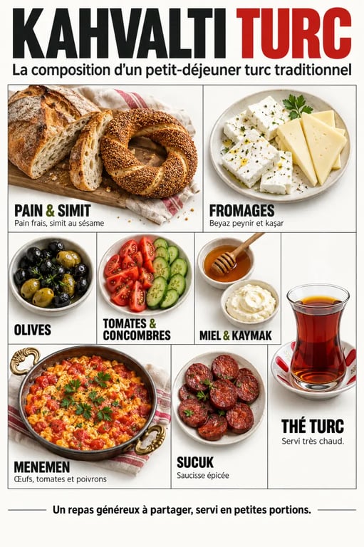 Infographie de la composition d’un kahvaltı turc avec fromages, olives, pain, œufs et thé