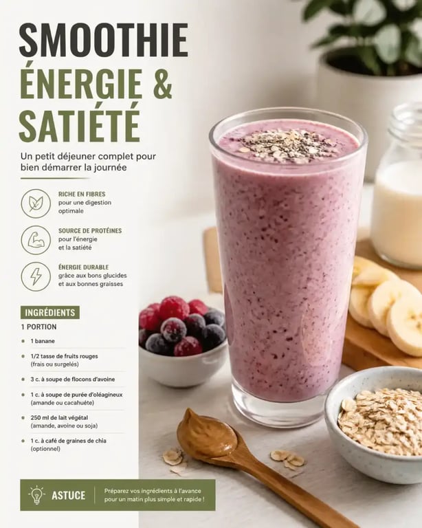 Smoothie pour le petit déjeuner dans un grand verre avec fruits et avoine