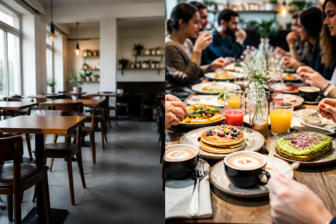 Table de brunch généreuse avec avocado toast, pancakes et café