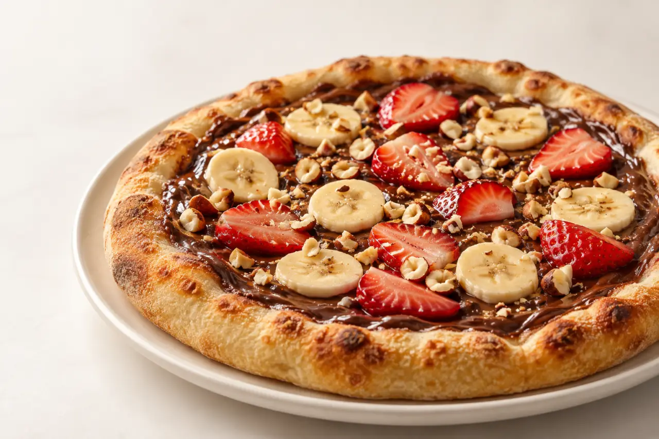 Recette pizza au Nutella garnie de banane, fraises et noisettes