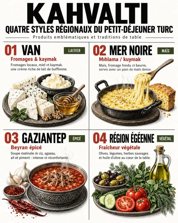 Comparaison des spécialités régionales du kahvaltı de Van, de la mer Noire, de Gaziantep et de l’Égée