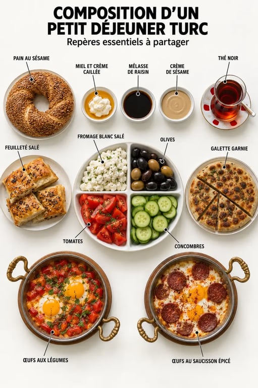 Infographie des aliments typiques d’un petit déjeuner turc kahvaltı