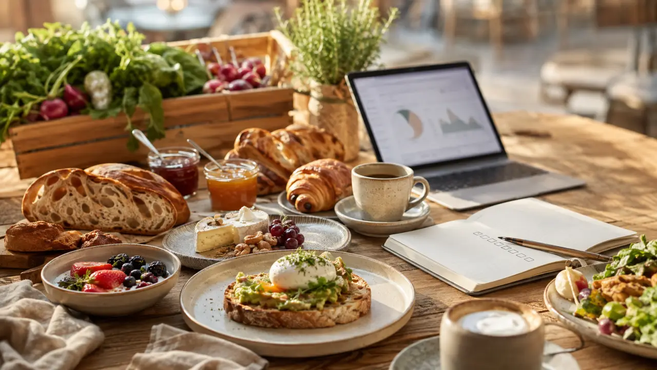 Table de brunch généreuse avec plats maison, café et lumière du matin