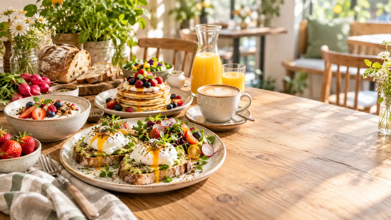 Table de brunch colorée composée de produits frais et de saison