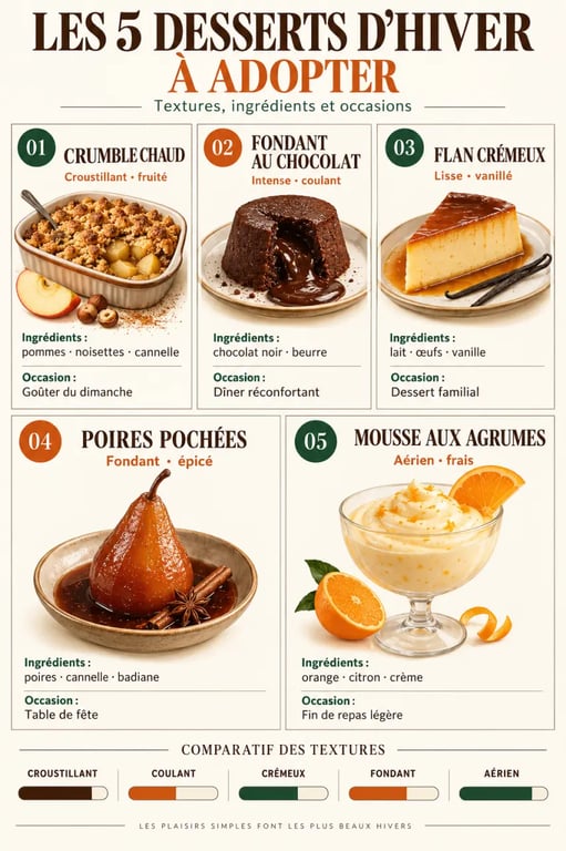 Infographie des meilleurs desserts d’hiver : crumble, fondant au chocolat, flan, poires pochées et mousse aux agrumes