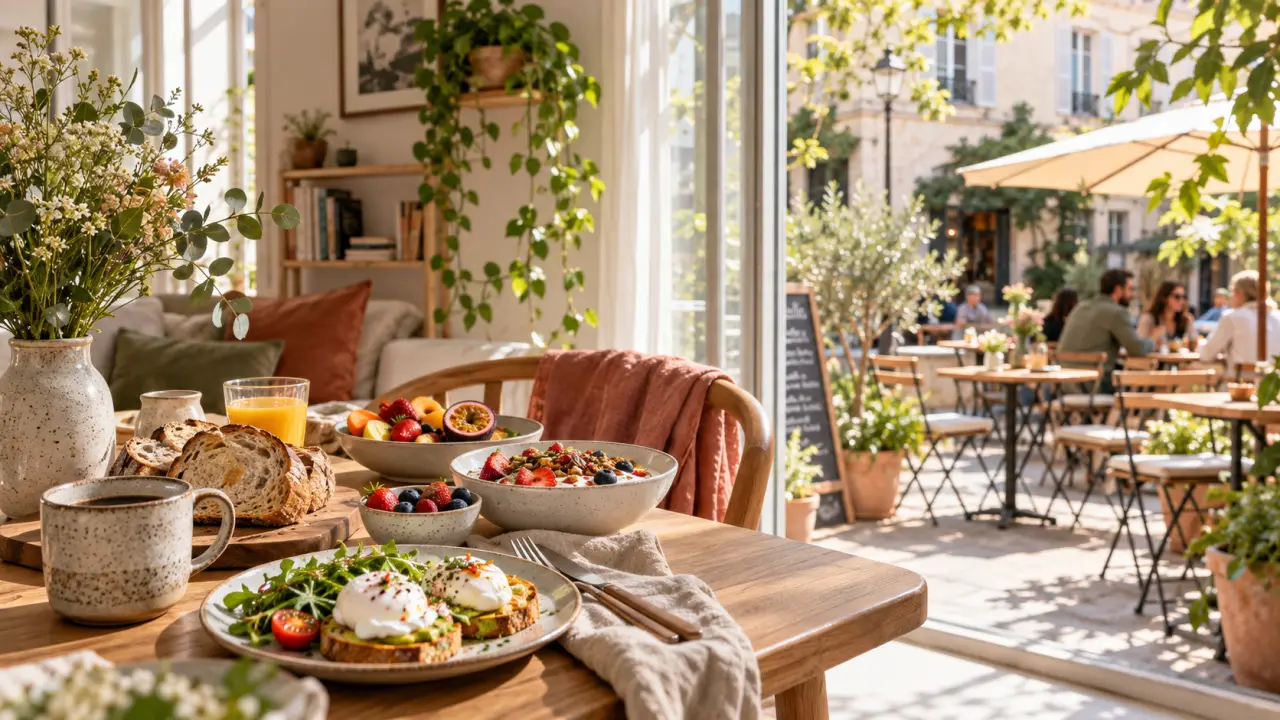 Table de brunch généreuse avec avocado toast, pancakes et cafés latte art