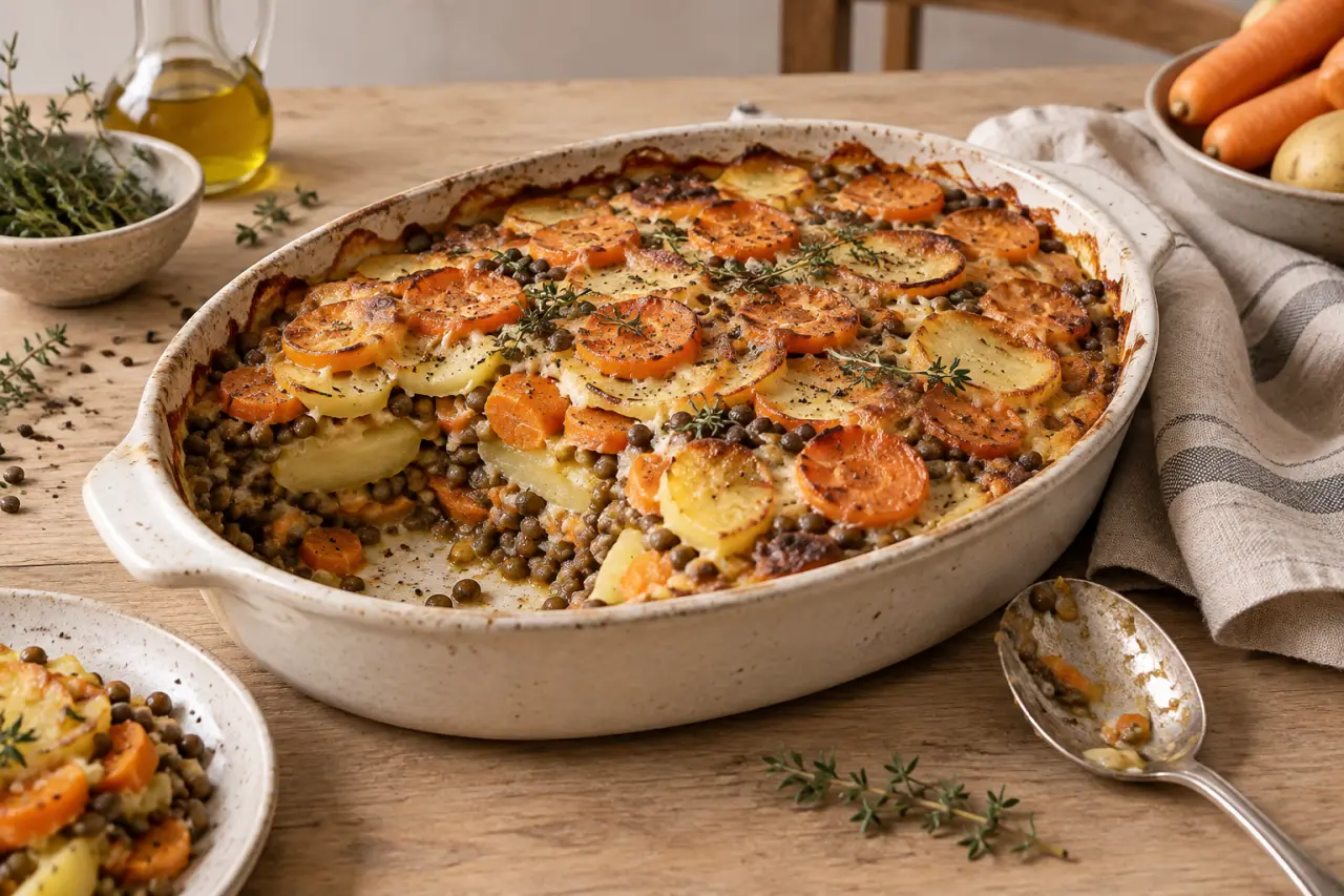 Recette carotte en plat complet : le gratin fondant aux lentilles et pommes de terre