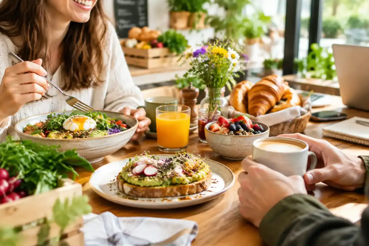 Table de brunch faite maison avec produits frais et boissons chaudes