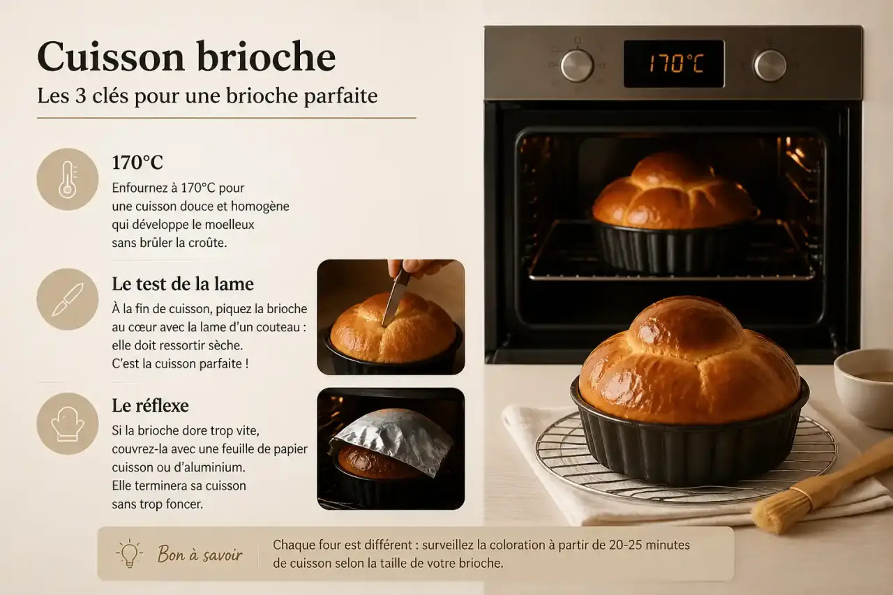 Cuisson brioche : 170°C, le test de la lame, et le réflexe pour éviter une croûte trop foncée