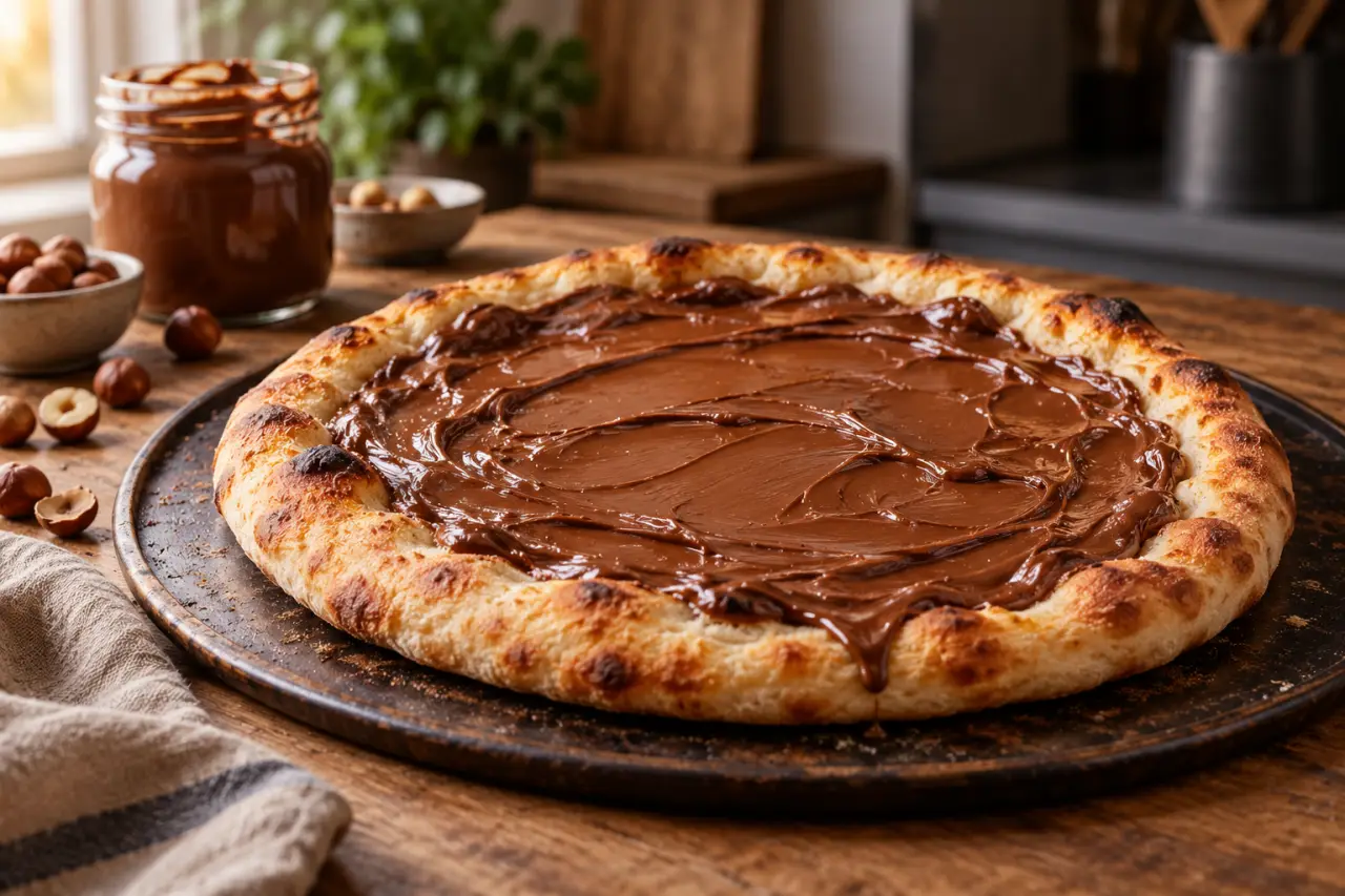 Recette de pizza au Nutella : une pâte dorée, un nappage ajouté après cuisson
