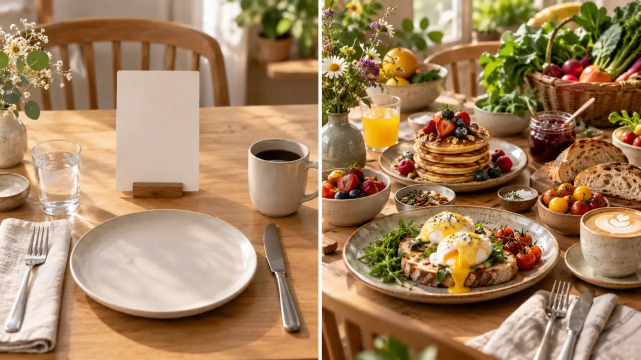 Carte de brunch composée de produits locaux et de saison sur une table en bois