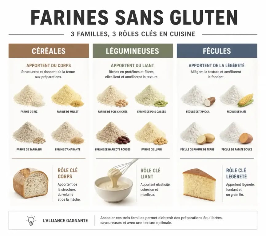 Infographie des différentes catégories de farines sans gluten pour choisir la bonne farine
