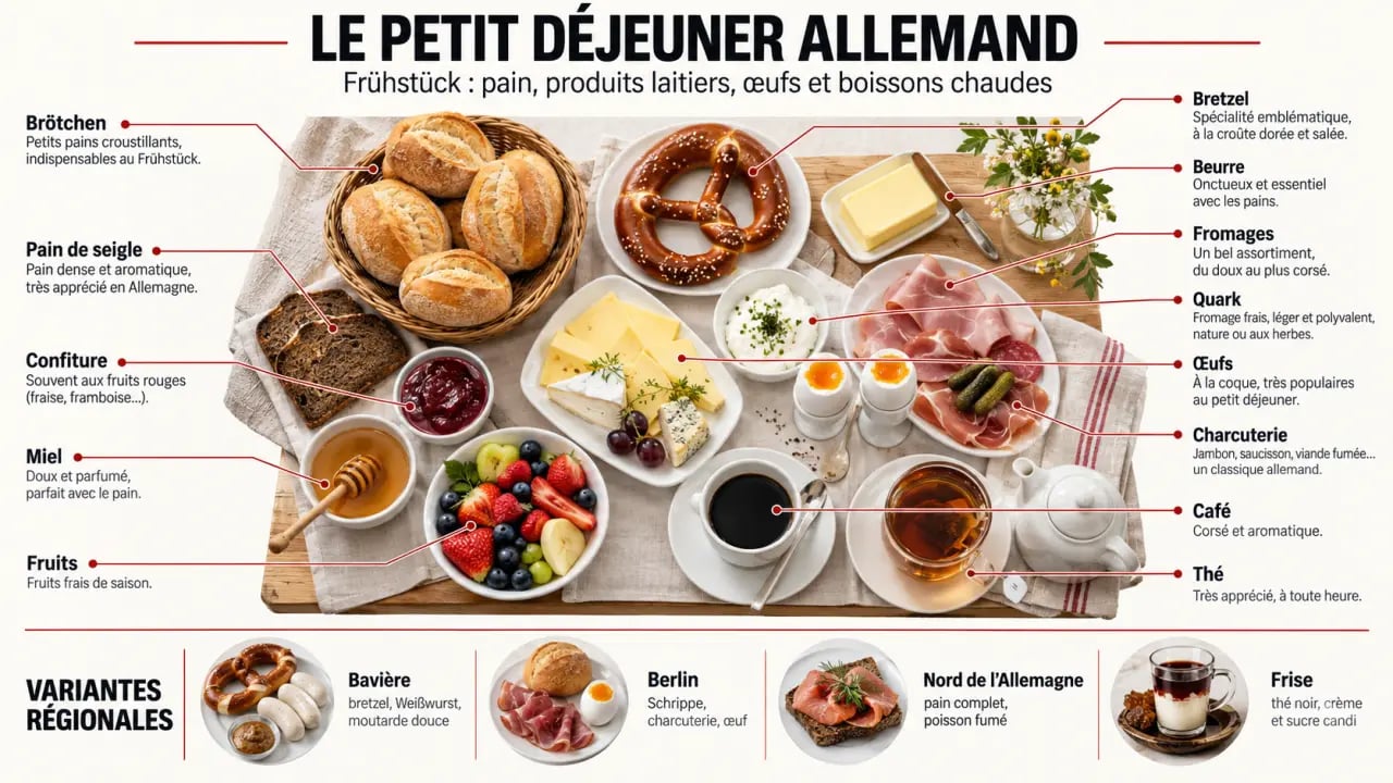 Infographie du petit déjeuner allemand traditionnel avec Brötchen, fromage, œufs et garnitures régionales