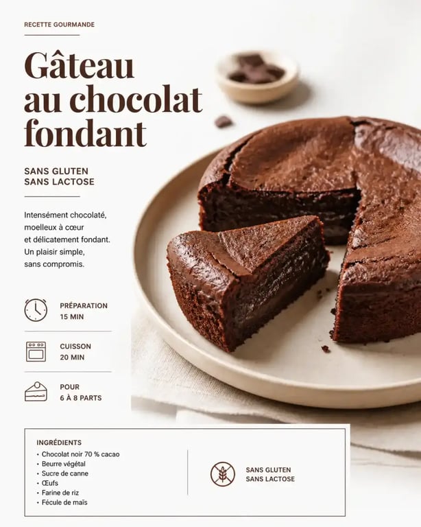 Gâteau fondant au chocolat sans gluten et sans lactose sur une assiette
