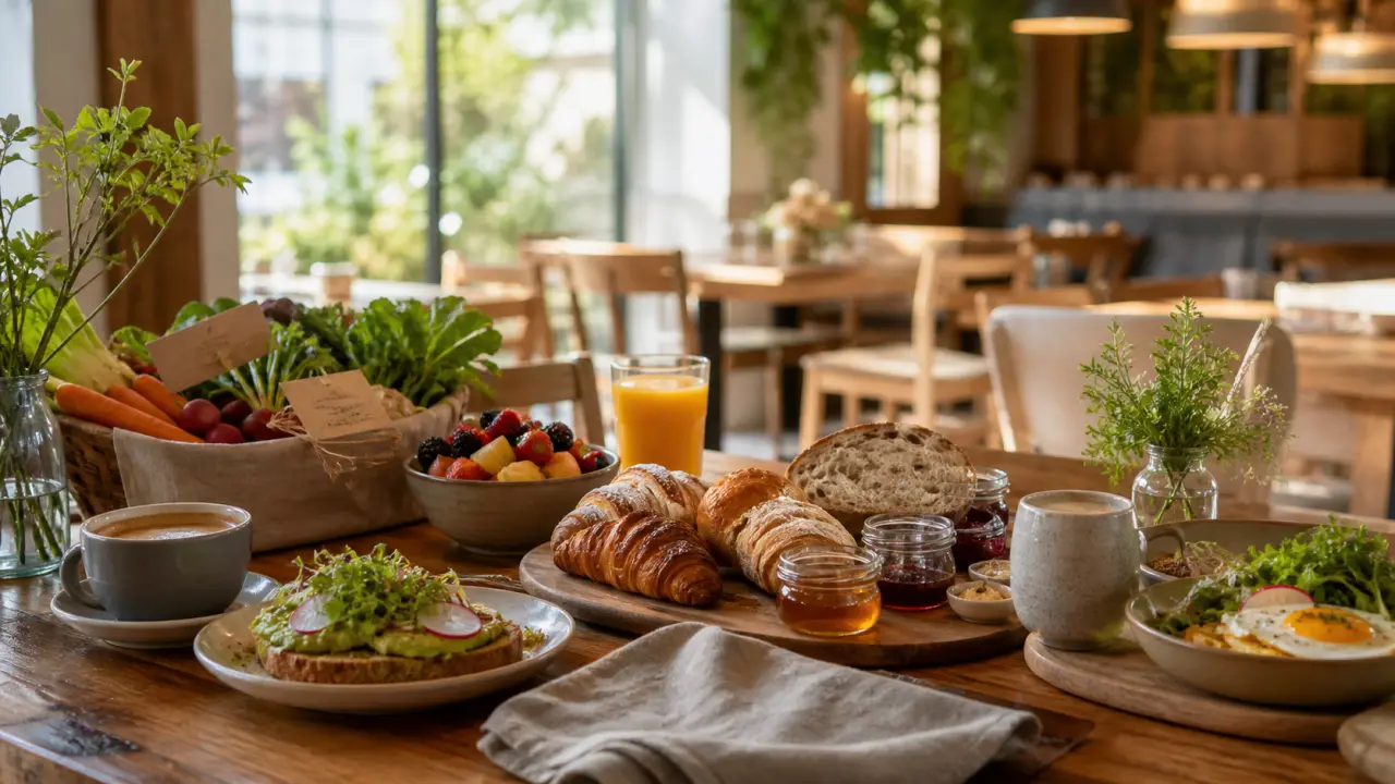 Table de brunch généreuse avec avocado toast, pancakes et café