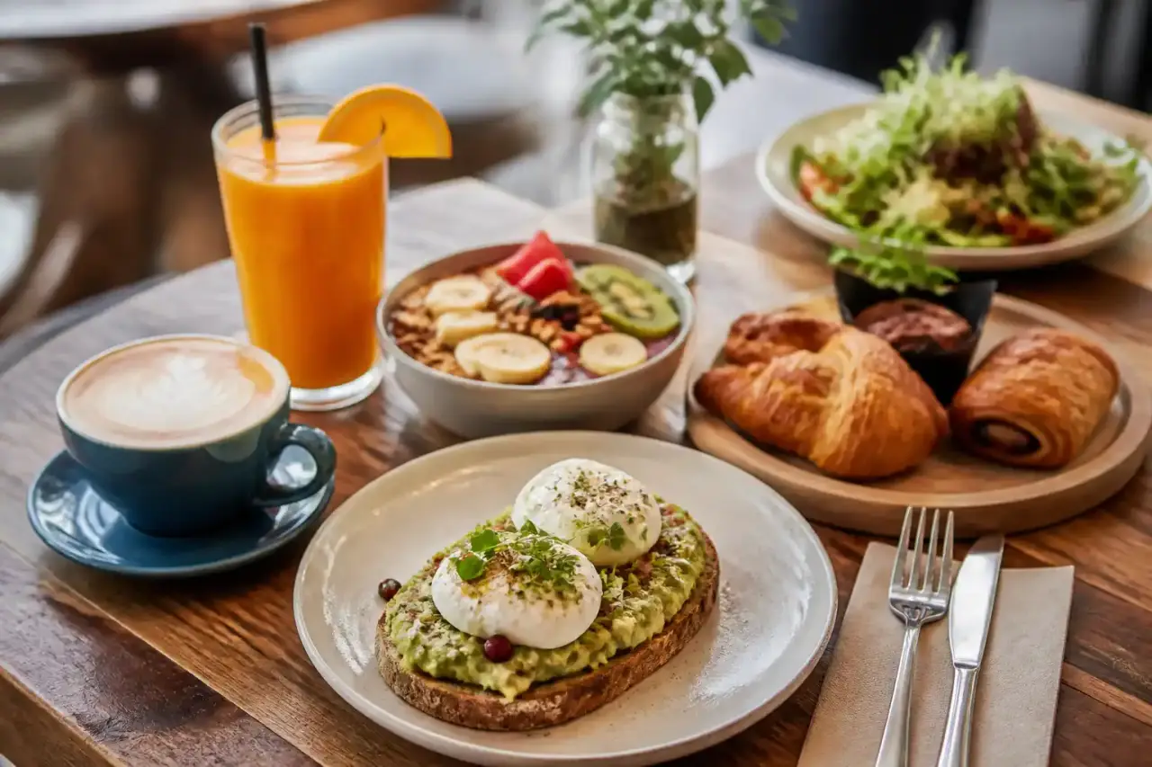 Table de brunch lumineuse avec avocado toast, pancakes et café