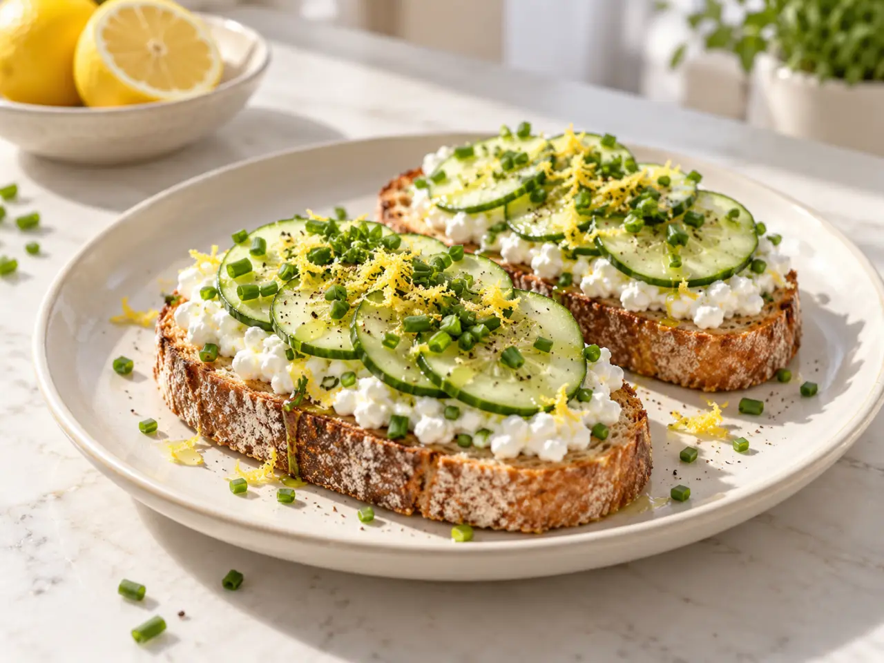 Cottage cheese recettes : tartines au cottage cheese, concombre, citron et ciboulette