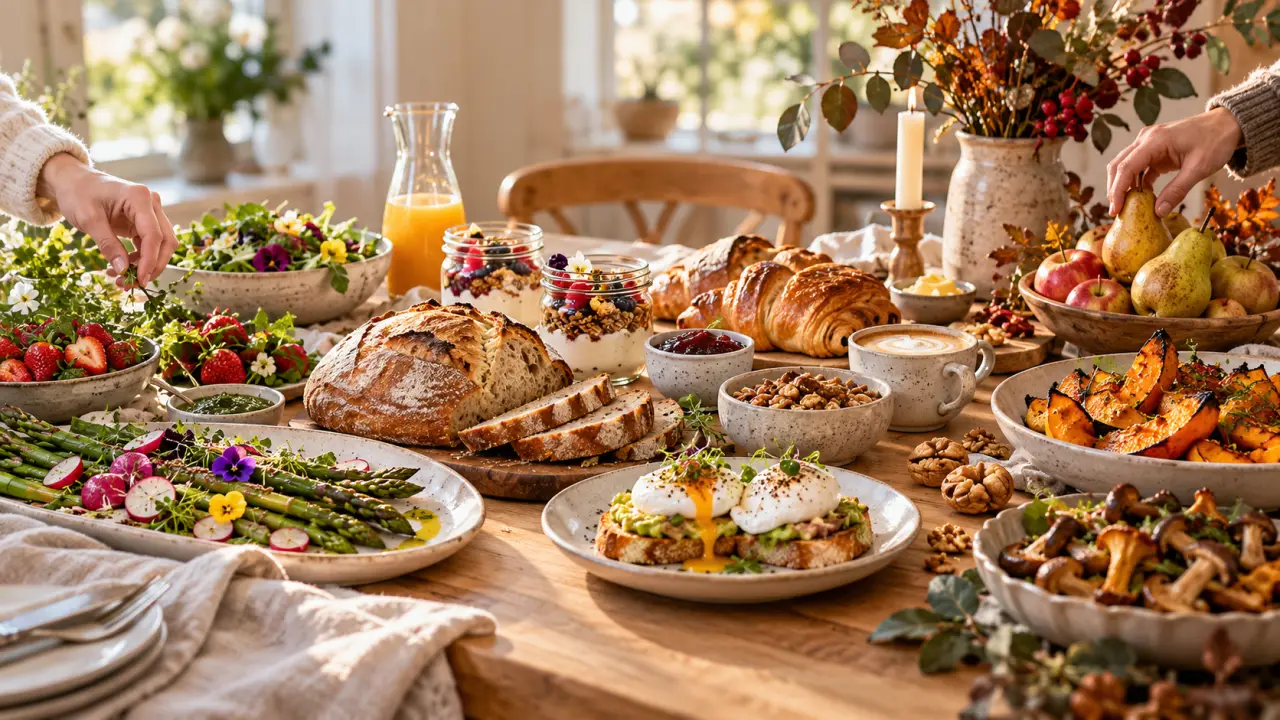 Brunch de saison composé de produits frais et colorés, servi sur une table en bois lumineuse