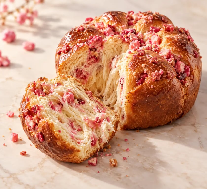 Brioche lyonnaise aux pralines roses, mie filante et garniture croquante