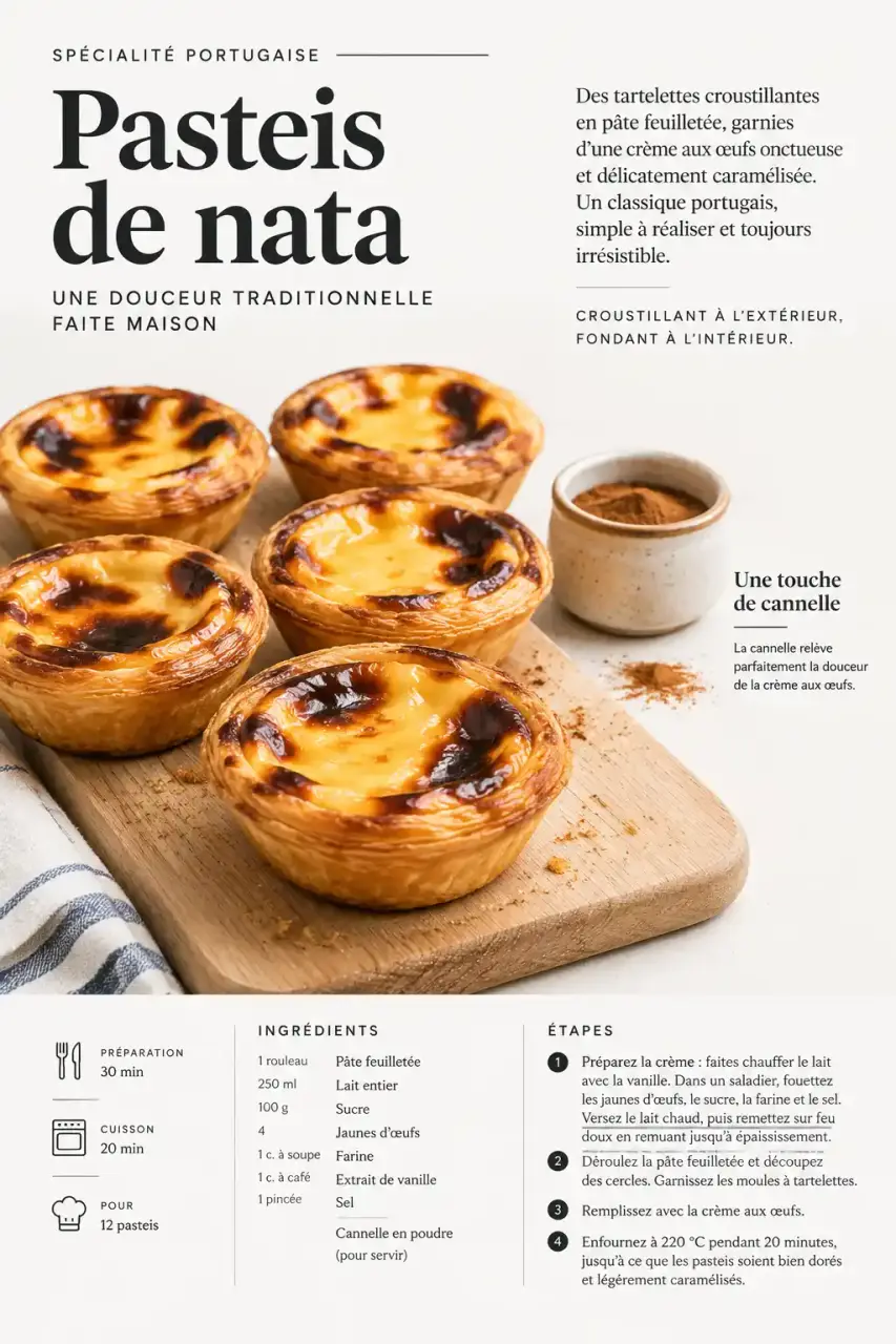 Pasteis de natas recette : pasteis de nata maison tièdes avec dessus caramélisé et pâte feuilletée croustillante
