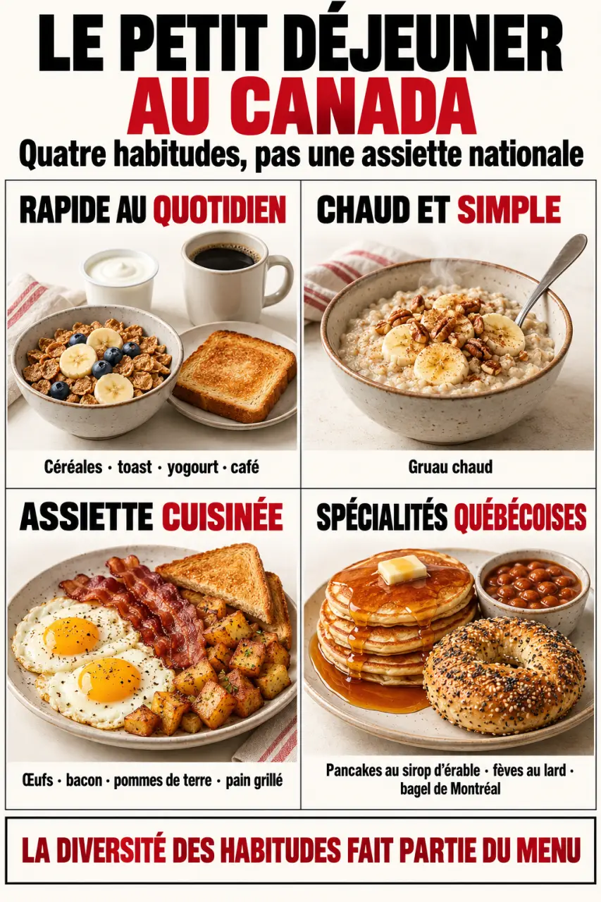 Infographie sur le petit déjeuner Canada avec spécialités québécoises, bagel de Montréal et sirop d’érable